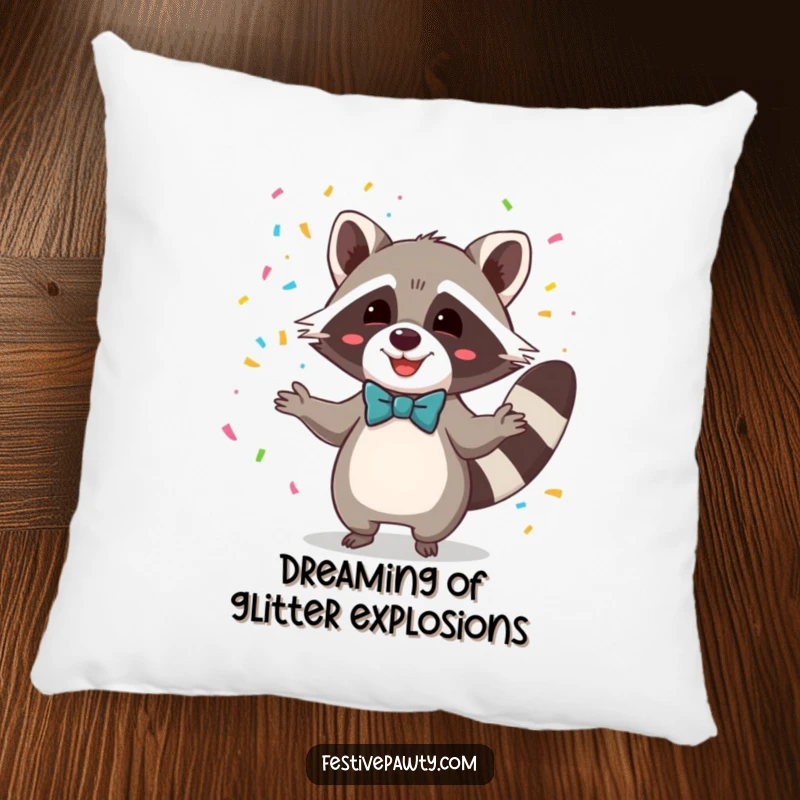 Funny pillow with a happy raccoon sporting a bowtie, juggling colorful confetti, adding charm and humor to decor.