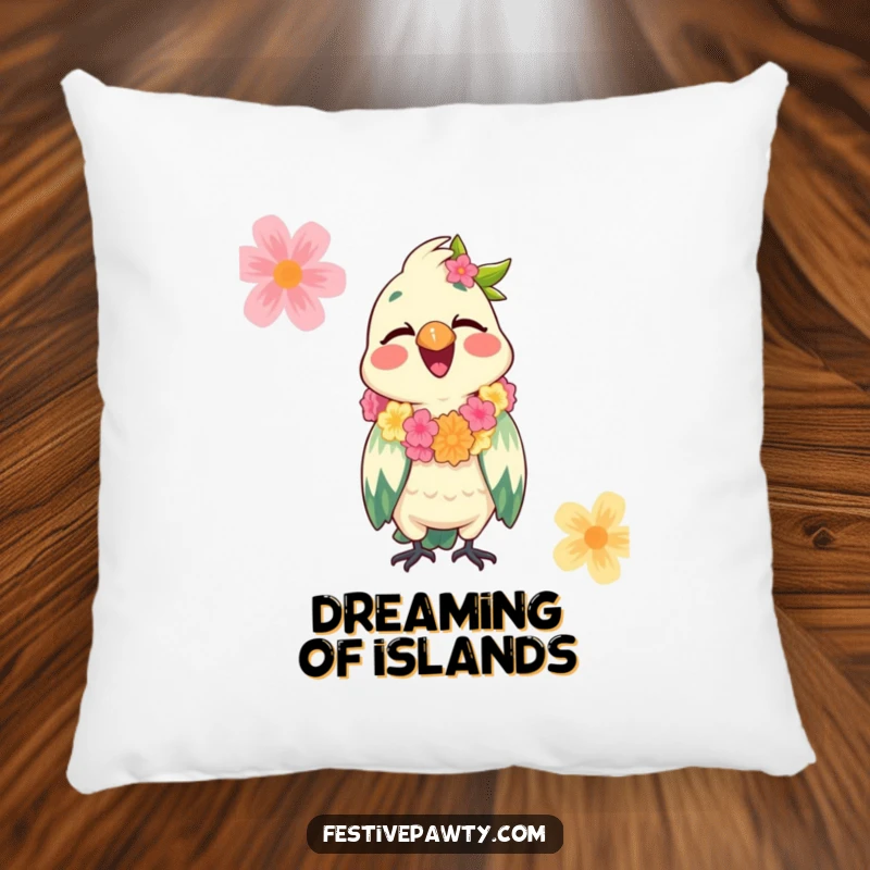 Funny Parrot Pillow showcasing a giggling parrot wearing a festive lei, offering soft comfort and a humorous, tropical party vibe.