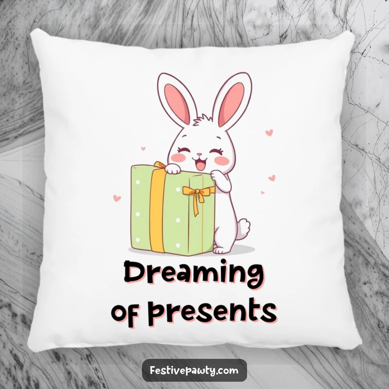 Funny Pillow: A happy rabbit character with wide eyes, enthusiastically opening a very large gift.