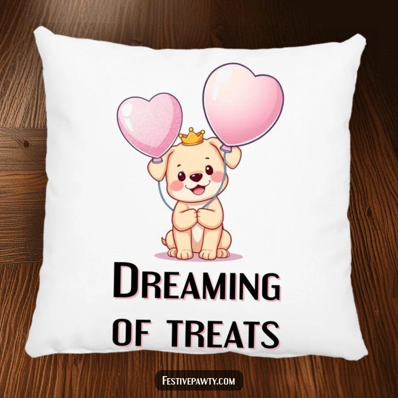 Funny Pillow featuring a happy puppy in a miniature crown, holding a giant glittering balloon, providing comfort and a cheerful aesthetic.