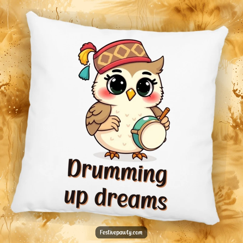 Funny Pillow: A plush pillow showing a smiling owl in a fez playing a tiny drum, offering cozy musical vibes.