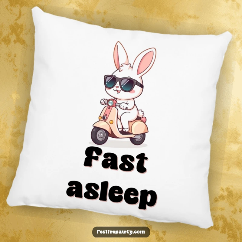 Funny Pillow featuring a cheerful bunny in sunglasses, happily riding a tiny scooter, perfect for adding comfort and a cool aesthetic.