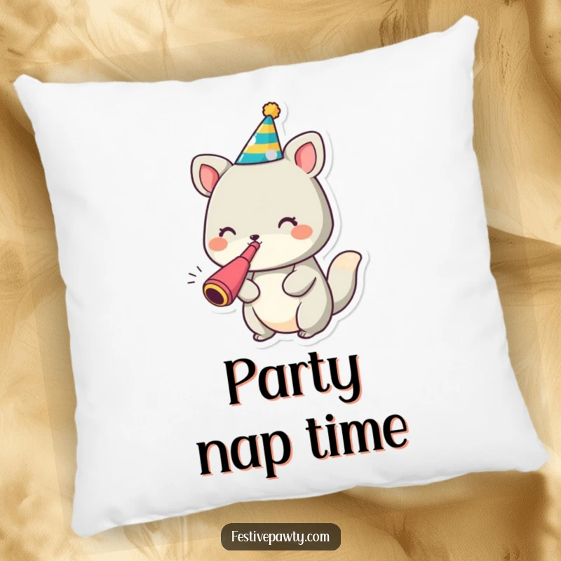 Funny animal character pillow wearing a party hat and holding a noisemaker, designed for cozy celebrations.