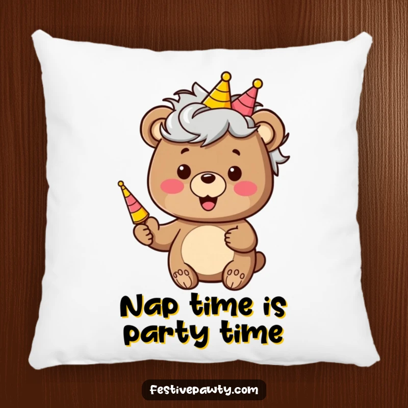 Funny pillow featuring a smiling bear character wearing an oversized, silly wig and holding a party horn, perfect for adding humor.