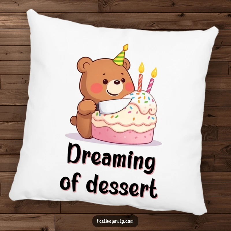 Funny pillow featuring a beaming bear joyfully slicing a festive birthday cake, offering comfort and a cheerful party vibe.