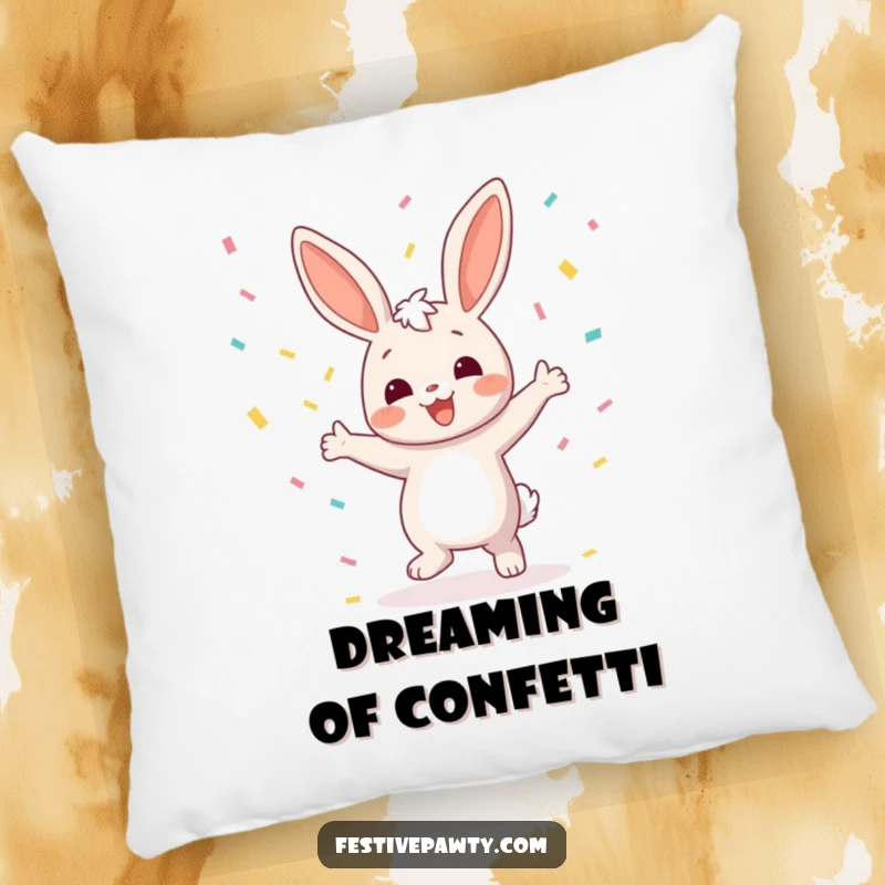 Funny Bunny Pillow: A soft and plush cushion featuring a joyful bunny character dancing with confetti raining down, ideal for adding a cheerful touch.
