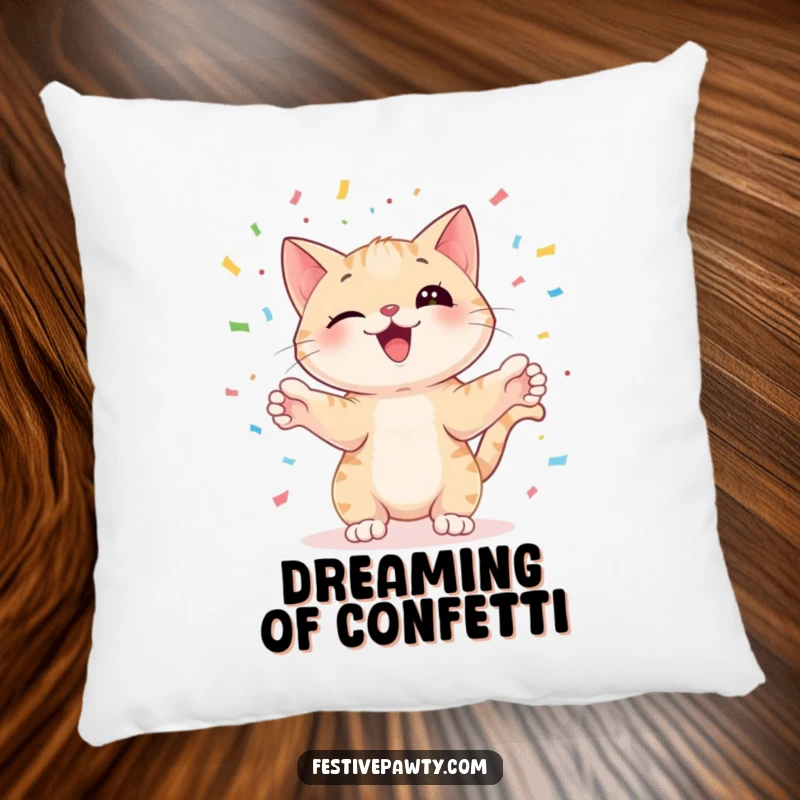 Funny cat character juggling colorful confetti with its paws, on a soft pillow, adding humorous comfort to any room.
