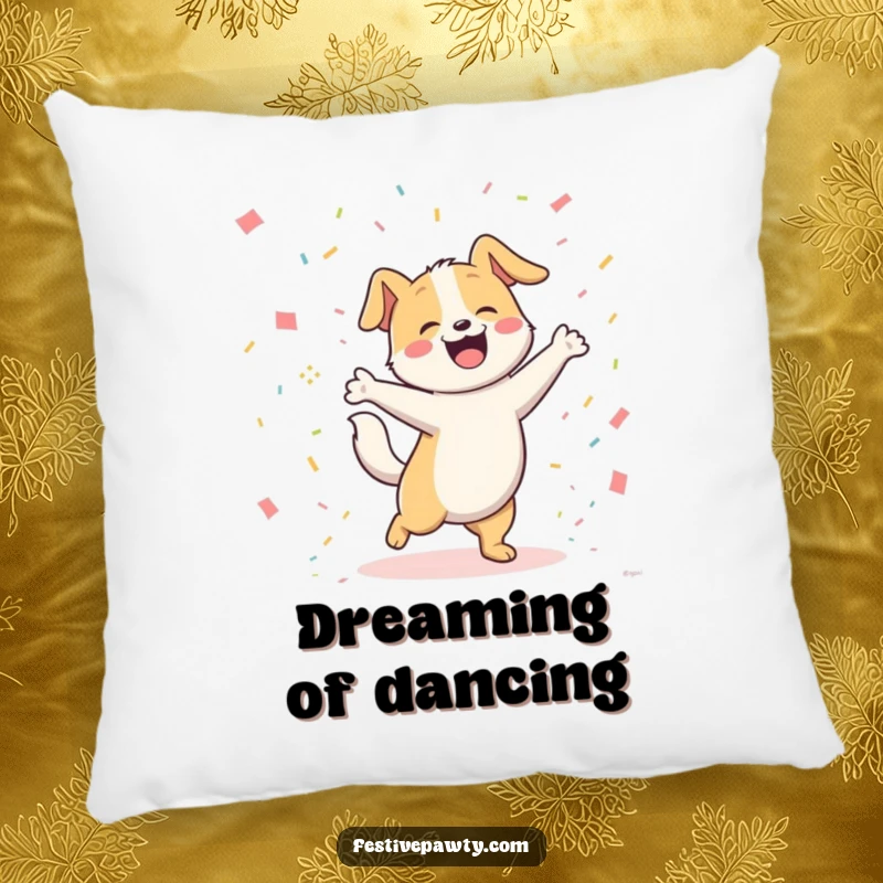 Funny joyful dog character happily dancing with its tail wagging furiously amongst colorful confetti, on a soft and decorative pillow. A cute and funny accent.