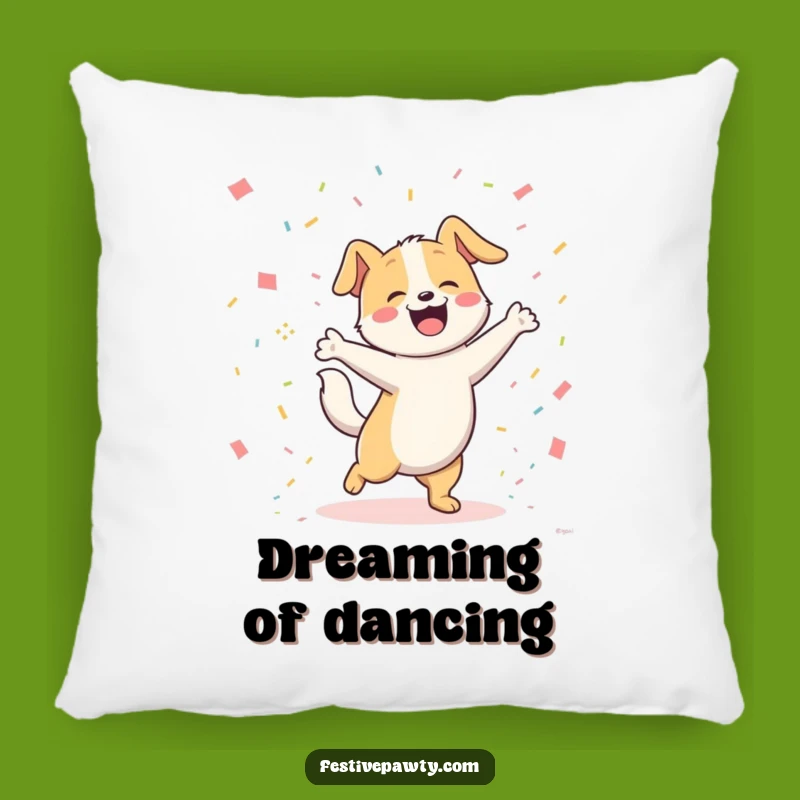 Funny Dog Dancing Pillow: Joyful Pooch Wagging Tail in Confetti, Cozy Gift!