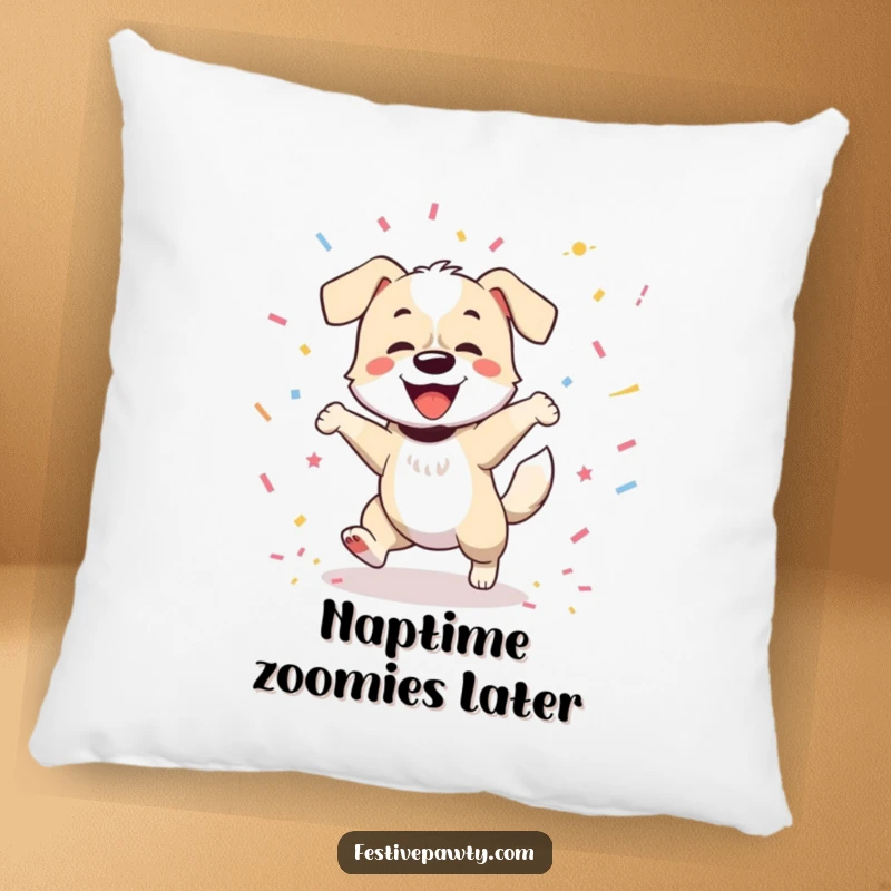 Funny pillow featuring a jubilant dog dancing, its tail wagging furiously amidst a colorful confetti shower, offering maximum comfort and cheer.