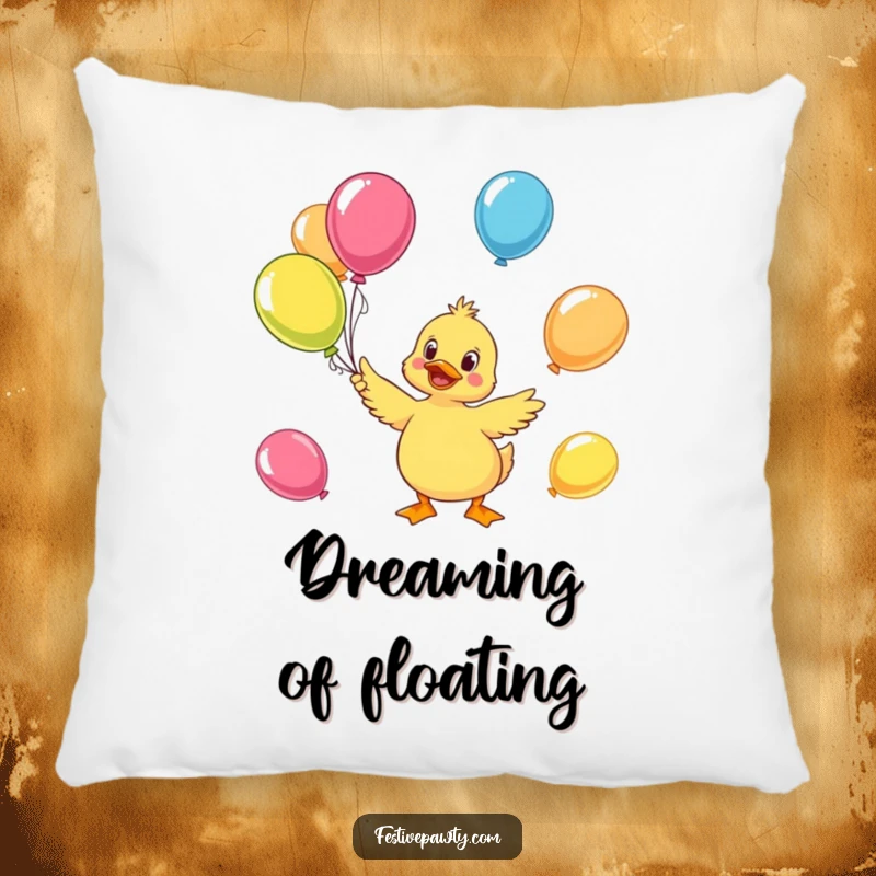 Funny duck pillow featuring a cheerful character juggling colorful balloons, offering a blend of comfort and cheerful fun.