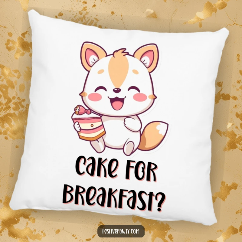 Funny happy animal character pillow, joyfully holding a slice of cake, adding comfort and humor to any seating area.