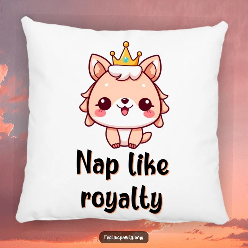 Funny festive animal pillow, character wearing a sparkly crown, cheering with a happy smile, embodying cozy celebration.