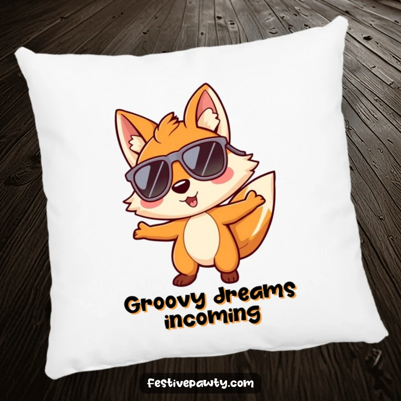 Funny pillow featuring a playful fox character in oversized sunglasses, grooving with a relaxed and stylish attitude.