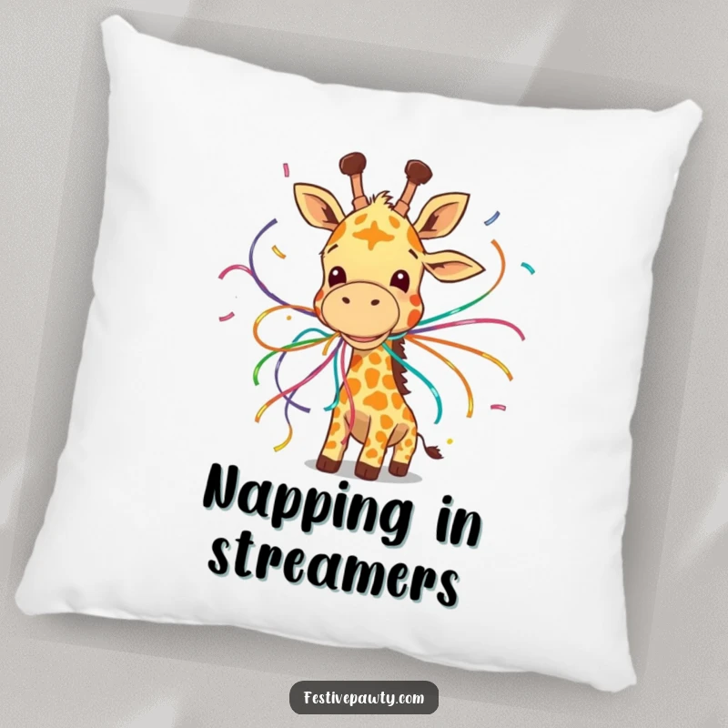 Funny pillow with a giggling giraffe comically entangled in colorful streamers, perfect for adding a touch of fun.