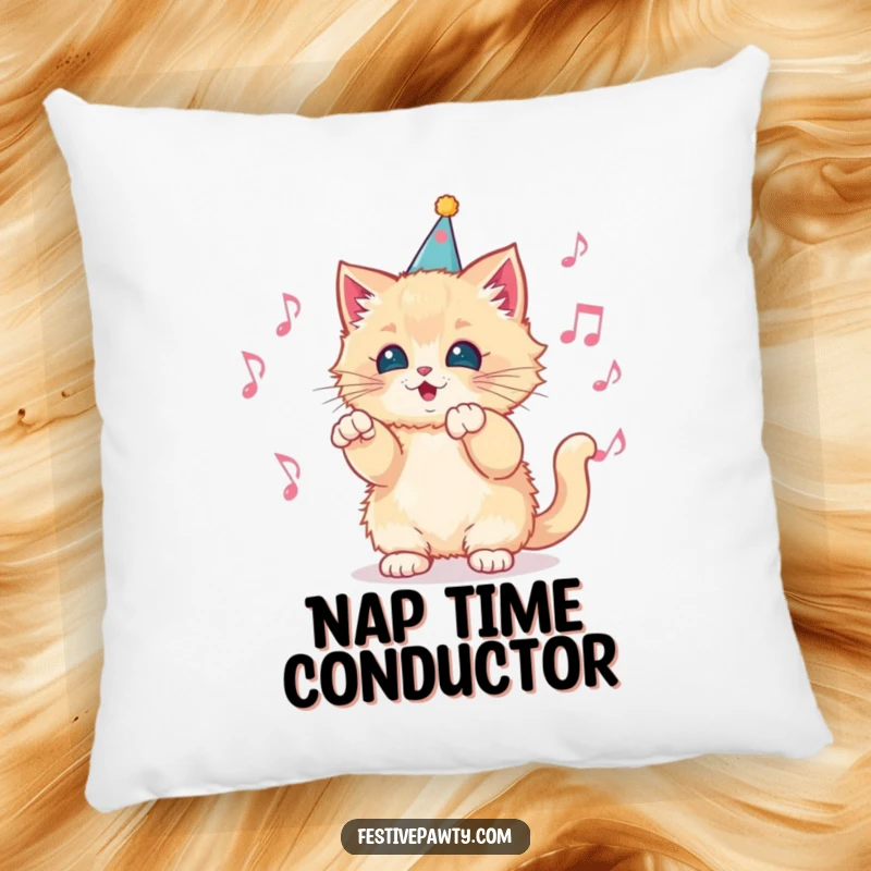 Funny Pillow featuring a fluffy kitten in a party hat, leading a joyful orchestra of musical notes, perfect for comfort and decor.