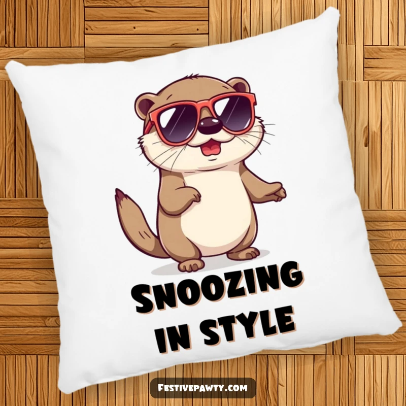 Funny pillow showcasing a playful otter wearing oversized sunglasses, doing a fun shimmy, offering cozy and humorous charm.