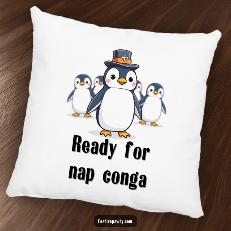 Funny Pillow featuring a penguin in a top hat leading a conga line, bringing comfort and comic charm to any room.