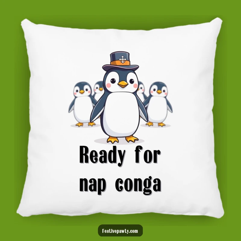 Funny Penguin Conga Line Pillow: A Dapper Bird Leads a Hilarious Celebration, Perfect Gift!