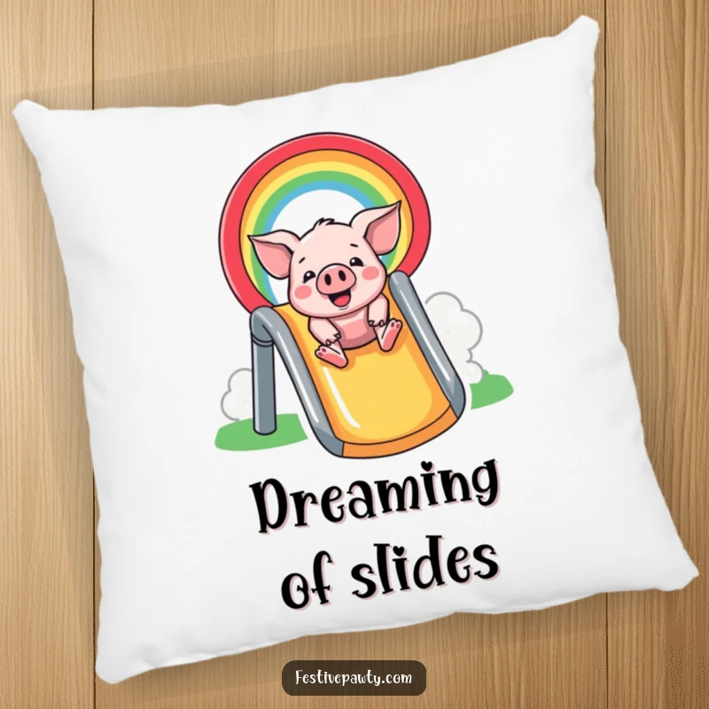 Funny Pillow: A happy pig enjoys a thrilling ride down a vibrant rainbow, offering comfort and a splash of humorous joy.