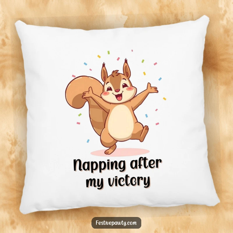 Funny pillow with a vibrant design of a squirrel triumphantly cartwheeling through a shower of confetti, adding playful charm.