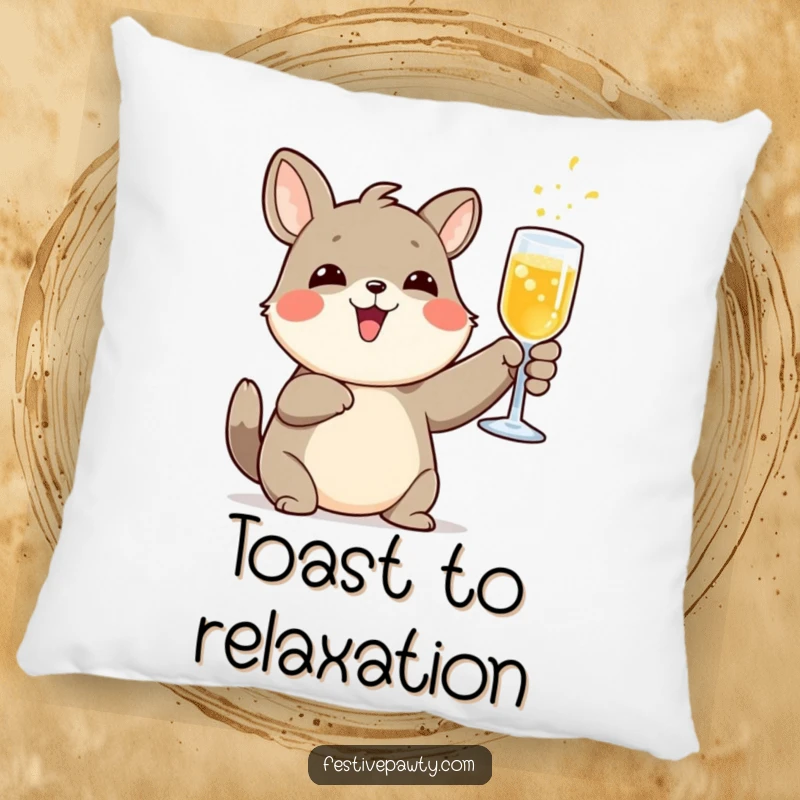 Funny delighted animal character pillow, raising a glass of fizzy drink in a toast, adding comfort and festive flair.