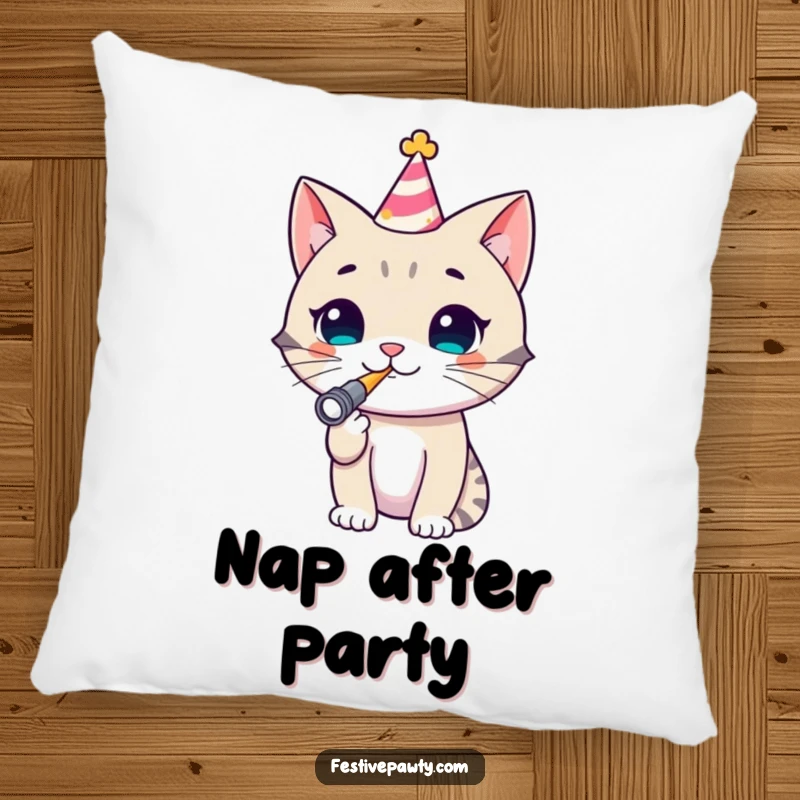 Funny Cat Pillow: A soft and cozy cushion featuring a cheerful cat in a party hat blowing a noisemaker, ideal for adding a playful touch.