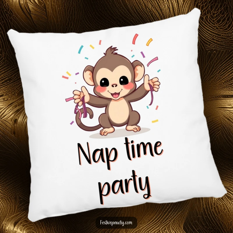 Funny Pillow: A playful monkey tosses streamers, offering comfortable support and a splash of humorous party delight.
