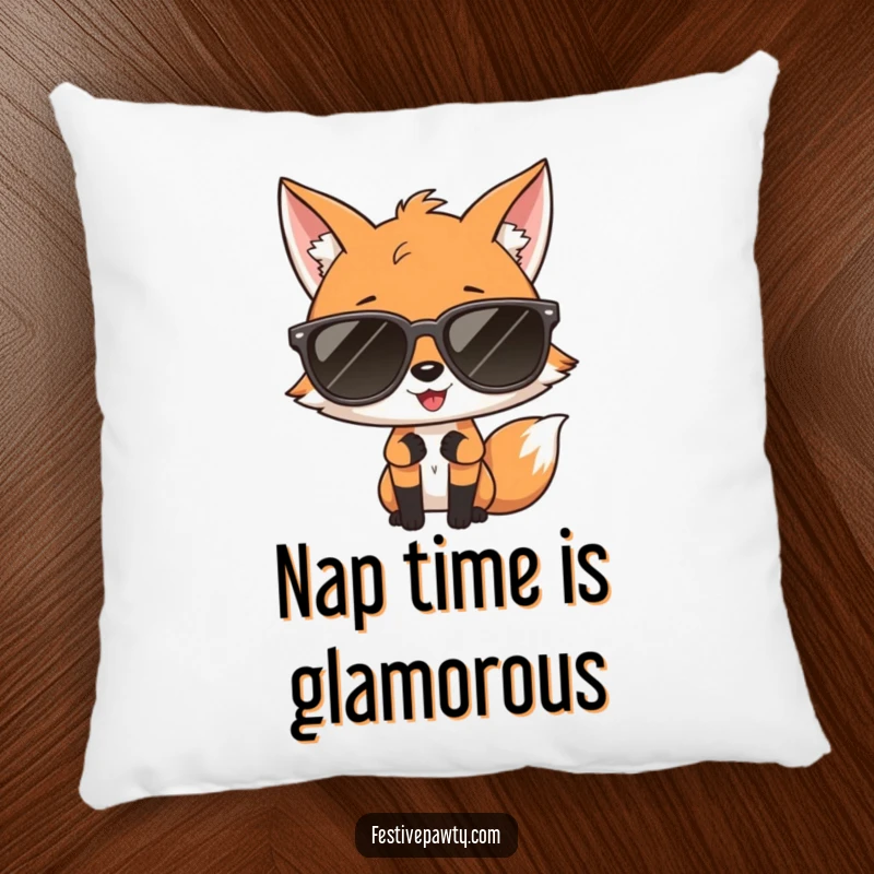 Funny pillow with a plush fox character wearing large sunglasses and striking a diva pose, offering comfort and sass.