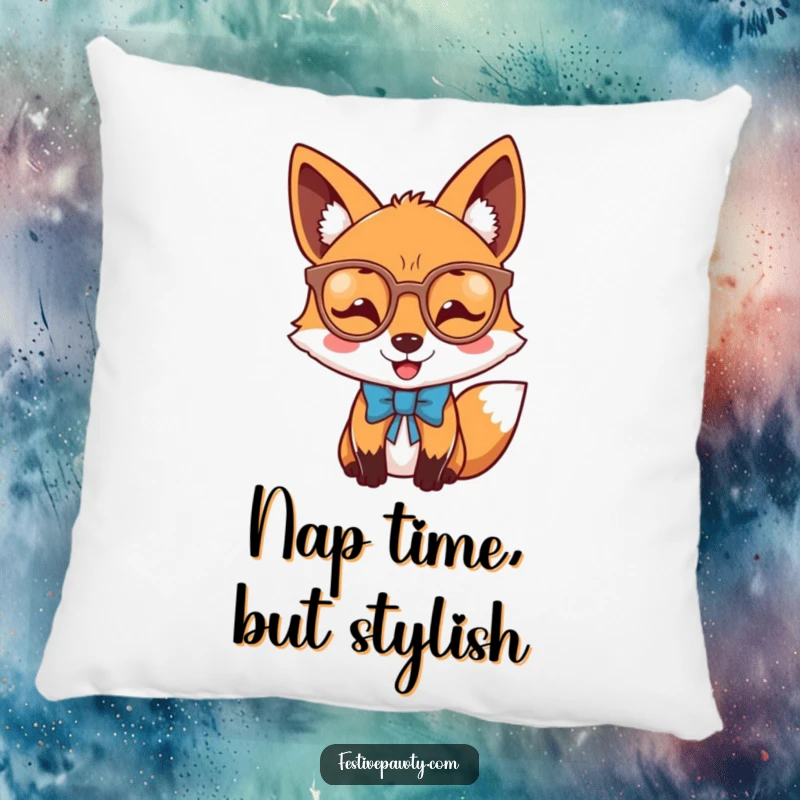 Funny joyful fox pillow with a dapper fox wearing novelty glasses and a bow tie, perfect for cozy decor.
