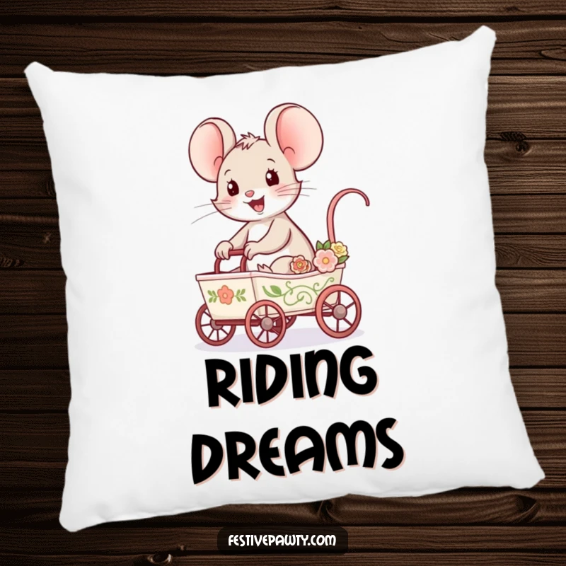 Funny Mouse Pillow showcasing a delighted mouse character riding in a tiny, decorated cart, offering soft comfort and a sense of playful joy.