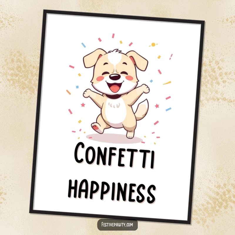 Funny digital art print of a joyous dog dancing ecstatically, tail wagging furiously, surrounded by a festive explosion of confetti.