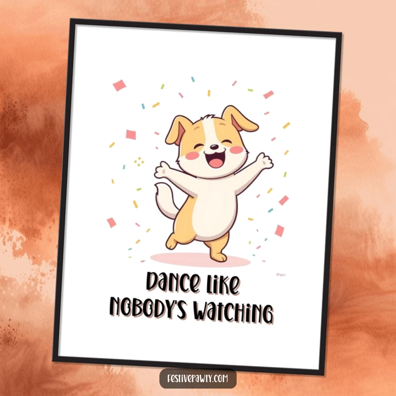 Funny joyful dog character happily dancing with its tail wagging furiously amongst colorful confetti, as high-resolution digital art. A funny and festive printable.