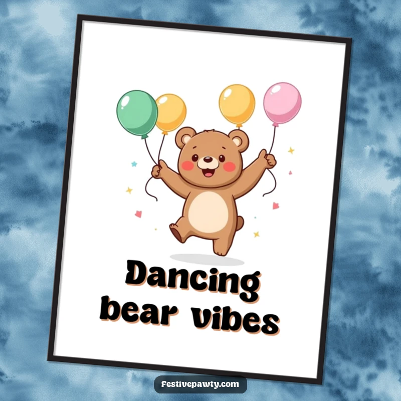 Funny digital art print of a bear character dancing exuberantly with streamers and balloons, creating a festive and joyful atmosphere.