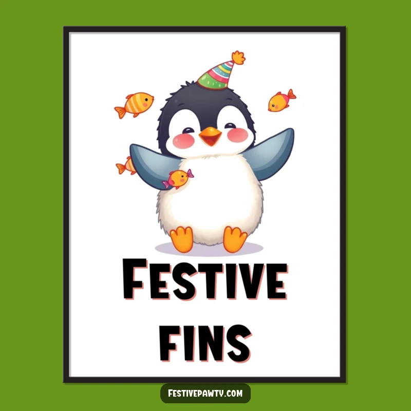 Funny Penguin Digital Art: Fluffy Penguin Juggling Fish for Instant Festive Decor