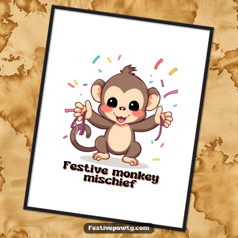 Funny Digital Art Print: A playful monkey tosses streamers, offering a burst of instant, humorous party fun.