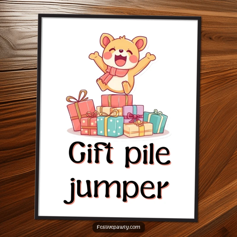 Funny digital art print of a joyful animal character in mid-air, leaping over a pile of wrapped presents, exuding excitement and celebration.