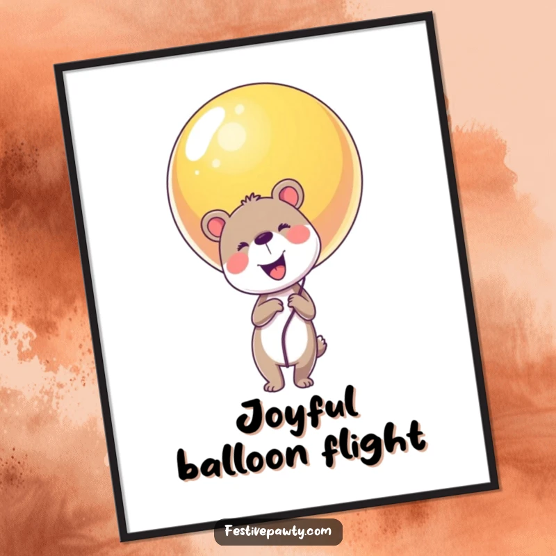 Funny animal character digital art print holding a gigantic, colorful balloon, symbolizing pure joy and wonder.