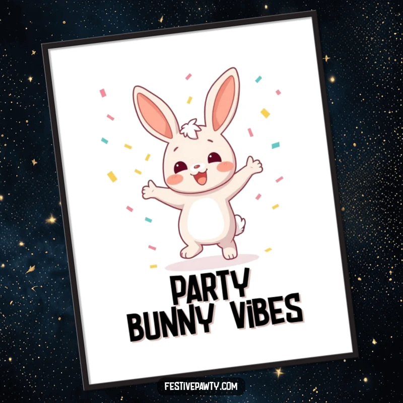 Funny Bunny Digital Art Print: A downloadable illustration of a joyful bunny character dancing with colorful confetti raining down, ready for printing.