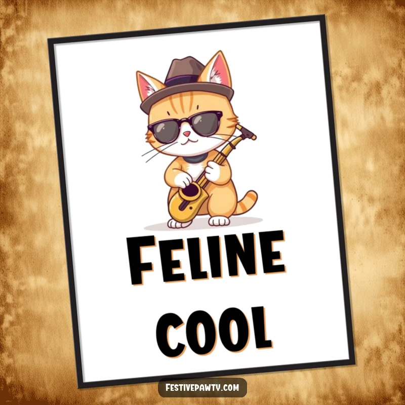 Funny digital art of a cool cat in a fedora, playing a tiny saxophone, perfect instant decor.