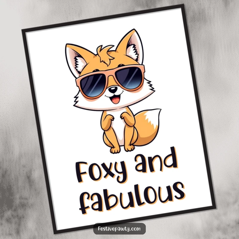 Funny digital art print of a giggling fox wearing oversized sunglasses, striking a powerful diva pose, radiating confidence and glamour.