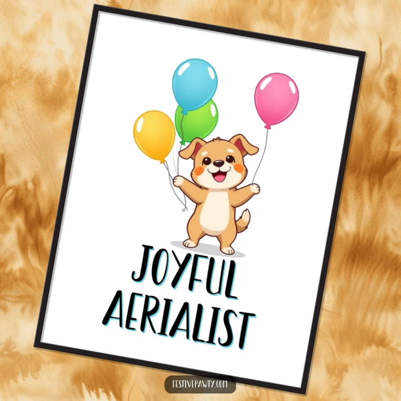 Funny Dog Digital Art Print: A downloadable illustration of a giddy dog energetically juggling colorful balloons, ready for immediate printing.