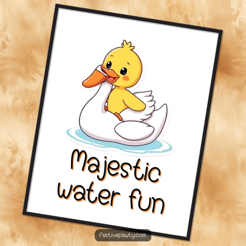 Funny Digital Art Print: A gleeful duck rides an inflatable swan, offering a burst of instant, humorous summer fun.