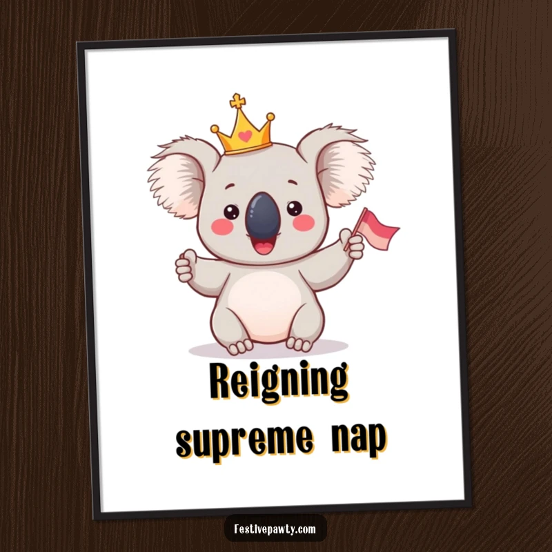 Funny Koala King Digital Art Print: A giddy koala wearing a tiny crown, enthusiastically waving a flag, creating a regal and cheerful visual.