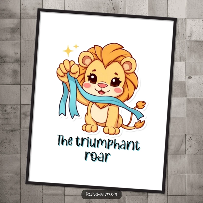 Funny Digital Art Print: A majestic lion character holding a sparkling ribbon, symbolizing victory and power.