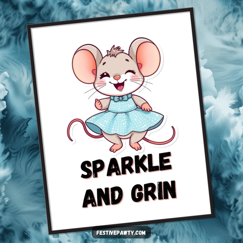 Funny Mouse Party Digital Art: A delighted mouse character grins widely while trying on a dazzling sequined party dress.
