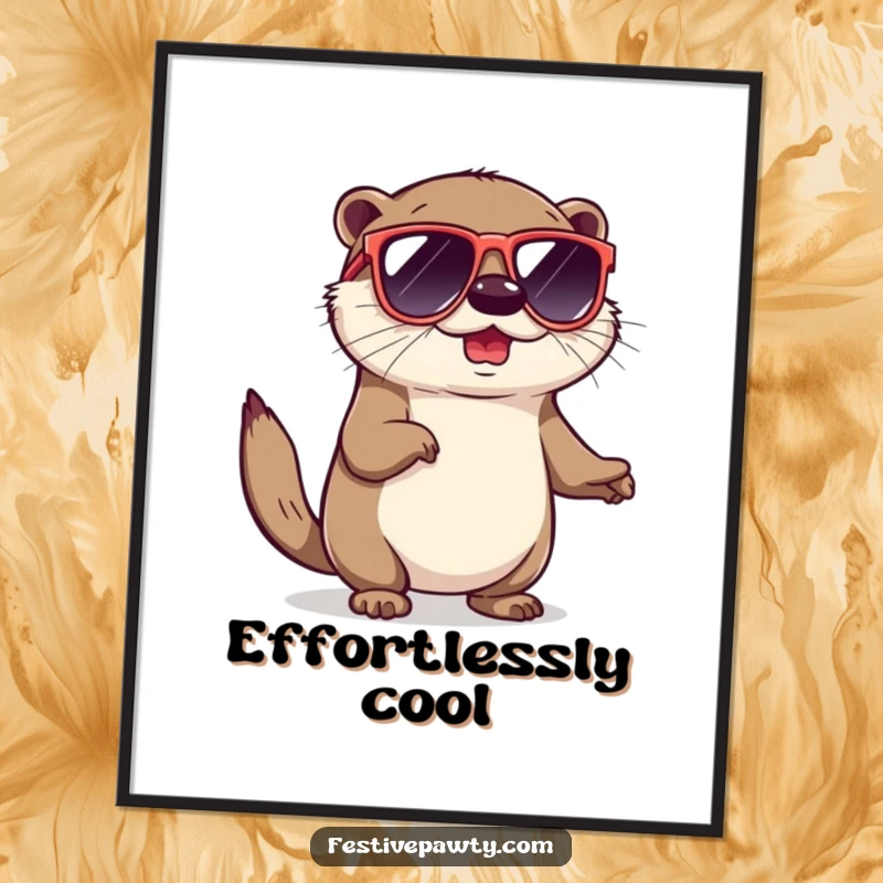 Funny digital art print of a playful otter in oversized sunglasses, doing a fun shimmy, bringing instant cool style.