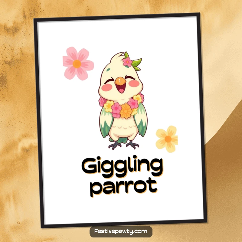 Funny Parrot Digital Art Print of a giggling parrot wearing a festive lei, creating an instant atmosphere of tropical celebration.