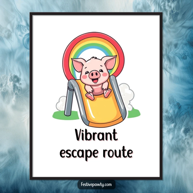 Funny Digital Art Print: A happy pig slides down a dazzling rainbow, offering a burst of pure, downloadable joy.