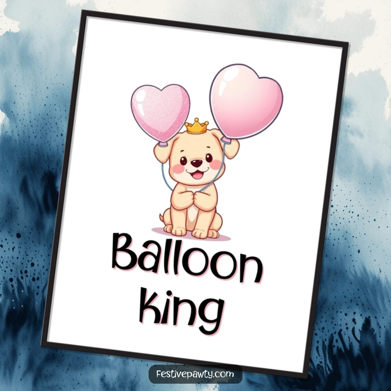 Funny Digital Art Print of a happy puppy wearing a tiny crown, holding a giant glittering balloon, ready for instant download and display.